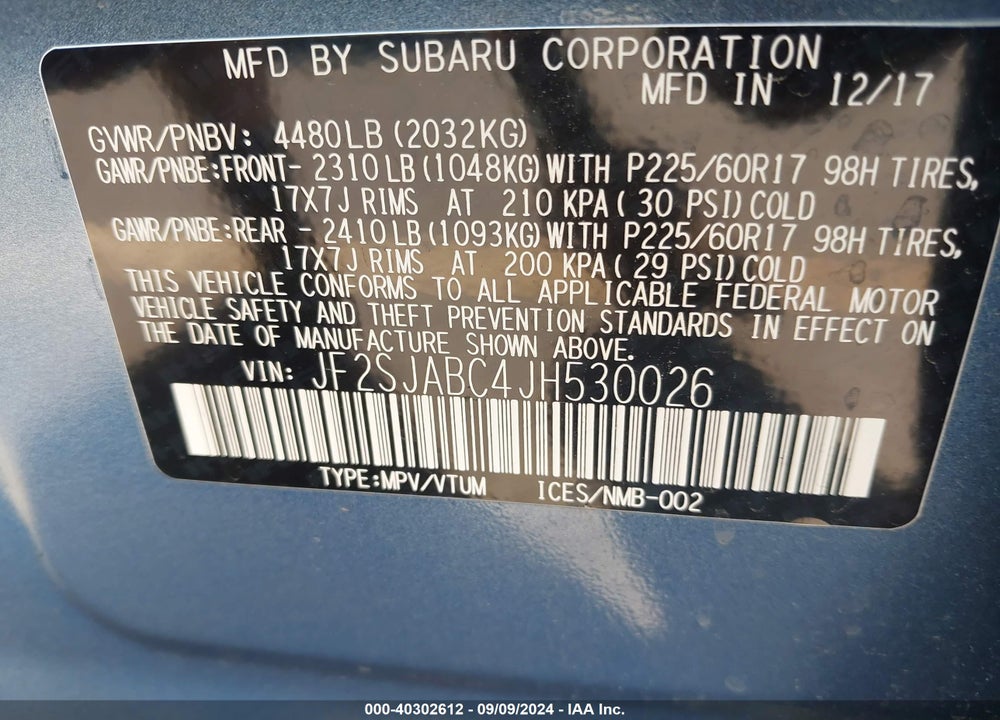 2018 SUBARU FORESTER 2.5I VIN: JF2SJABC4JH530026