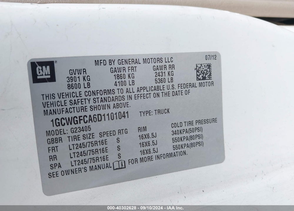 2013 CHEVROLET EXPRESS 2500 WORK VAN VIN: 1GCWGFCA6D1101041