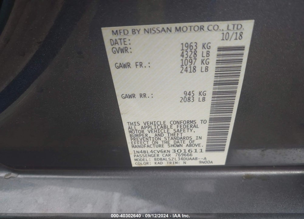 2019 NISSAN ALTIMA 2.5 SR VIN: 1N4BL4CV6KN301611