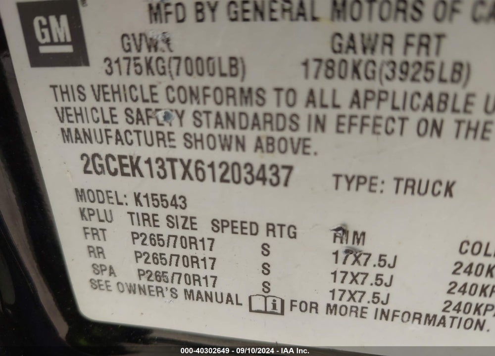 2006 CHEVROLET SILVERADO 1500 LT1 VIN: 2GCEK13TX61203437