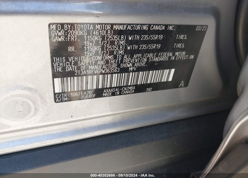 2023 TOYOTA RAV4 XLE PREMIUM VIN: 2T3A1RFV6PW363563