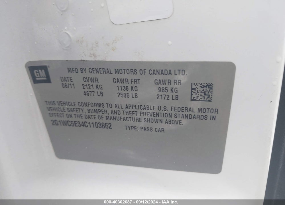 2012 CHEVROLET IMPALA LTZ VIN: 2G1WC5E34C1103862