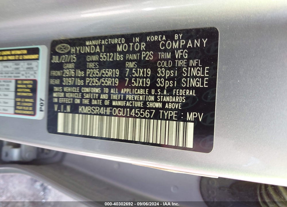 2016 HYUNDAI SANTA FE LIMITED VIN: KM8SR4HF0GU145567