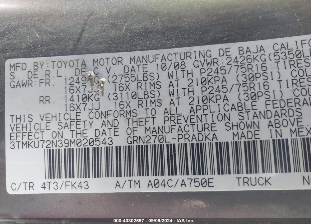 2009 TOYOTA TACOMA PRERUNNER V6 VIN: 3TMKU72N39M020543