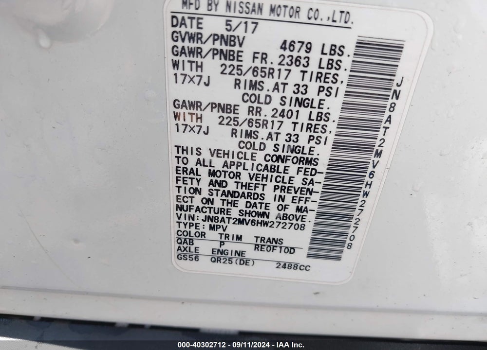 2017 NISSAN ROGUE SV VIN: JN8AT2MV6HW272708