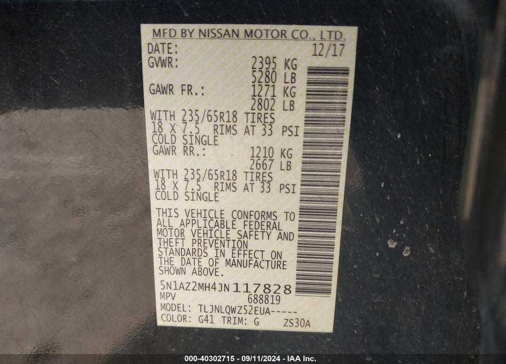 2018 NISSAN MURANO SV VIN: 5N1AZ2MH4JN117828