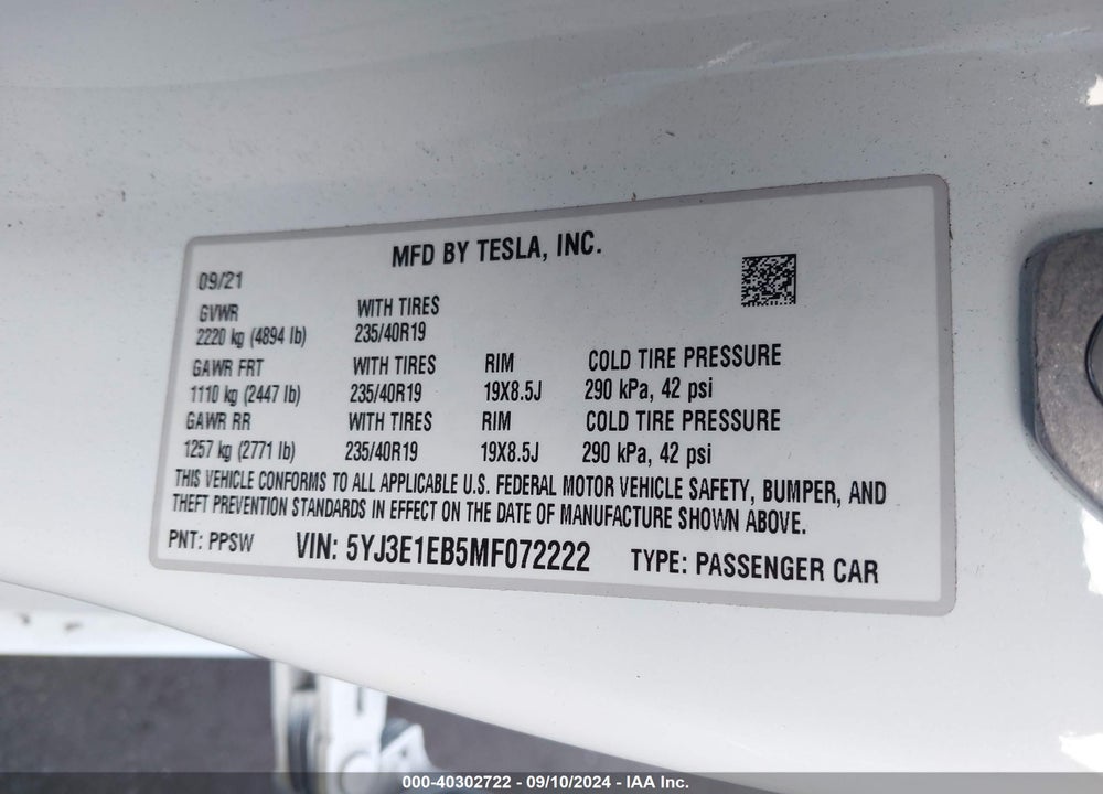 2021 TESLA MODEL 3 LONG RANGE DUAL MOTOR ALL-WHEEL DRIVE VIN: 5YJ3E1EB5MF072222