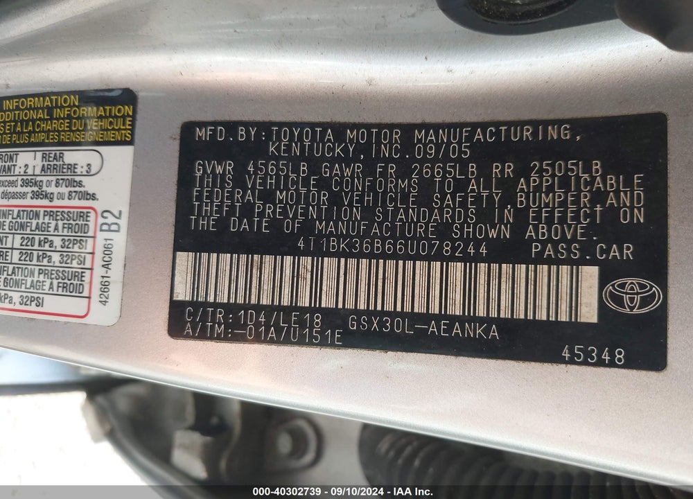 2006 TOYOTA AVALON XL VIN: 4T1BK36B66U078244