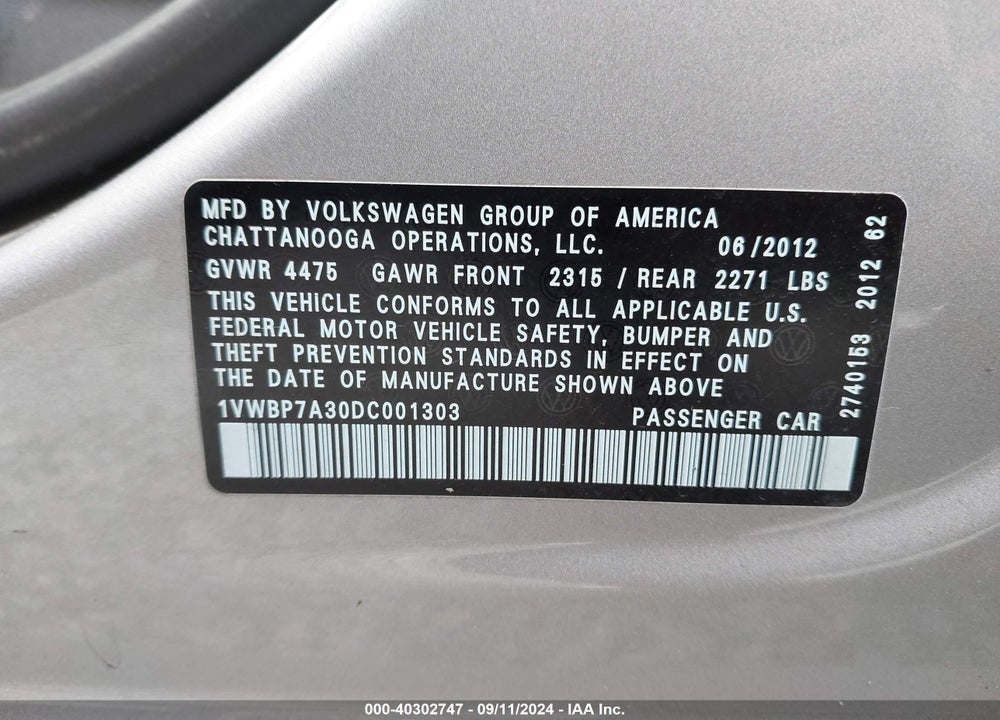 2013 VOLKSWAGEN PASSAT 2.5L SE VIN: 1VWBP7A30DC001303