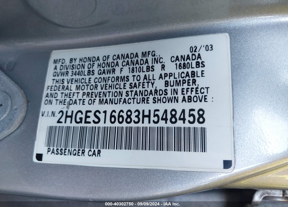 2003 HONDA CIVIC LX VIN: 2HGES16683H548458