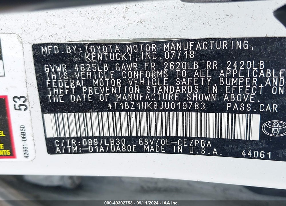 2018 TOYOTA CAMRY XSE V6 VIN: 4T1BZ1HK8JU019783