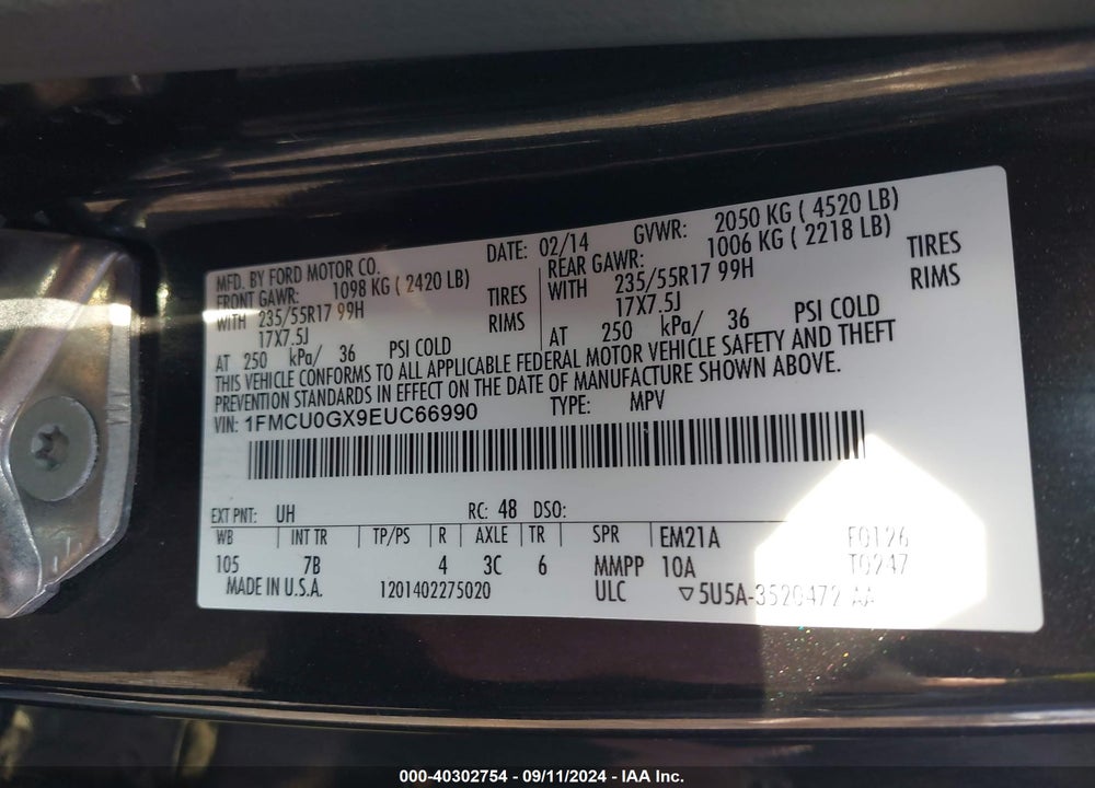 2014 FORD ESCAPE SE VIN: 1FMCU0GX9EUC66990