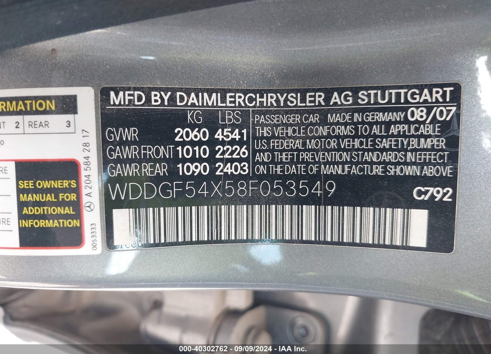 2008 MERCEDES-BENZ C 300 LUXURY/SPORT VIN: WDDGF54X58F053549