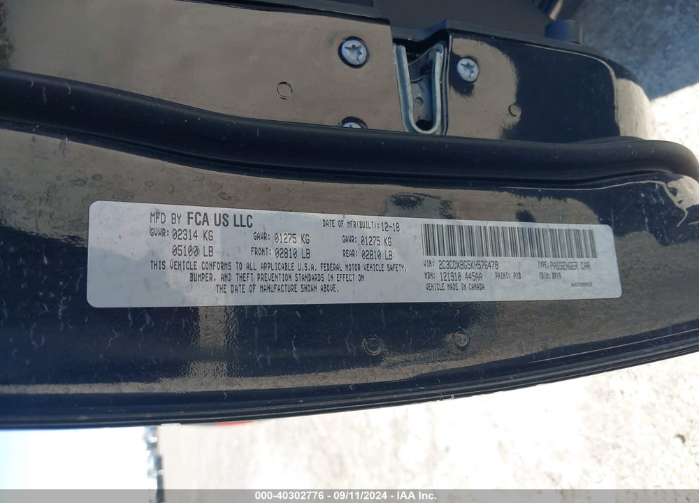 2019 DODGE CHARGER SXT RWD VIN: 2C3CDXBG5KH576478