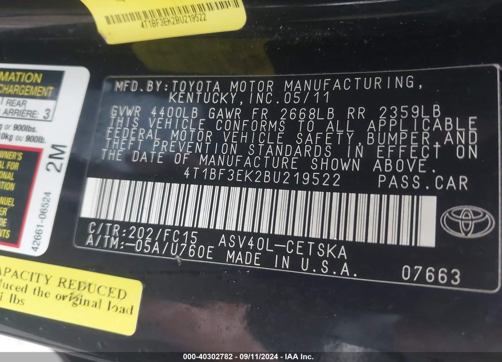 2011 TOYOTA CAMRY SE VIN: 4T1BF3EK2BU219522