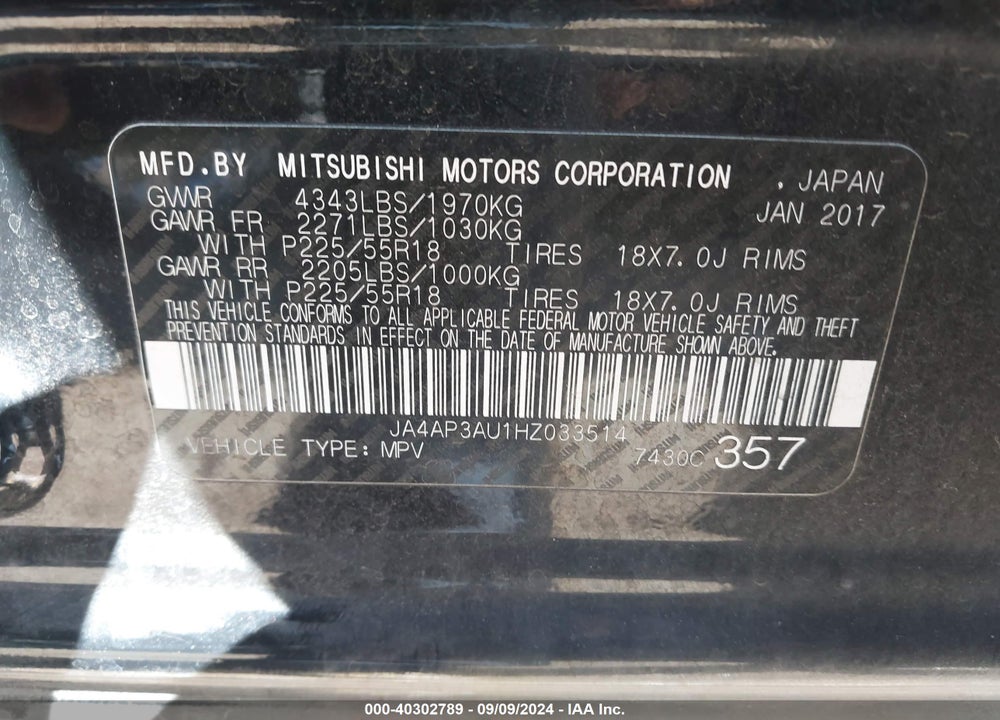 2017 MITSUBISHI OUTLANDER SPORT 2.0 ES VIN: JA4AP3AU1HZ033514