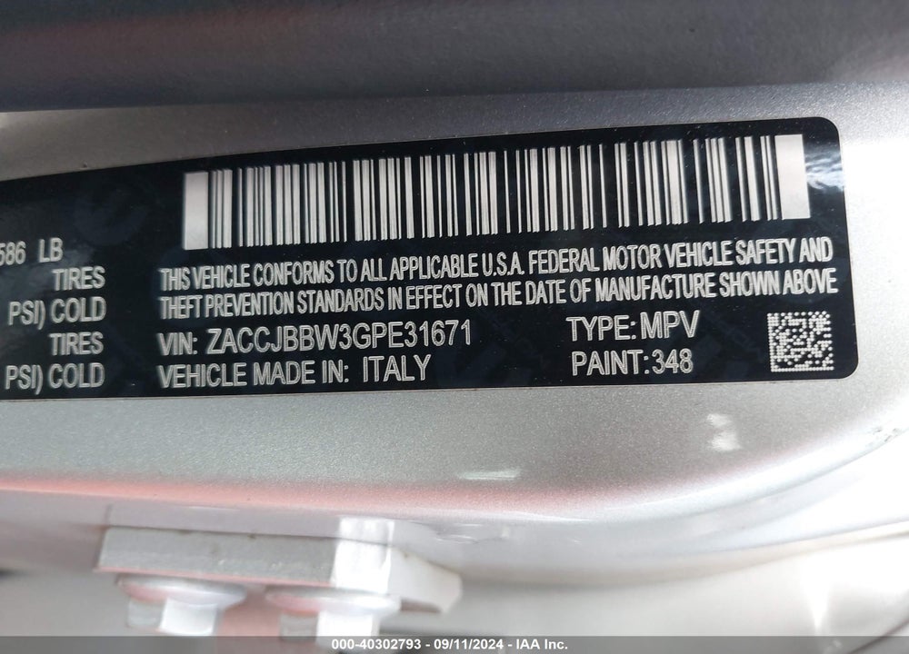 2016 JEEP RENEGADE LATITUDE VIN: ZACCJBBW3GPE31671