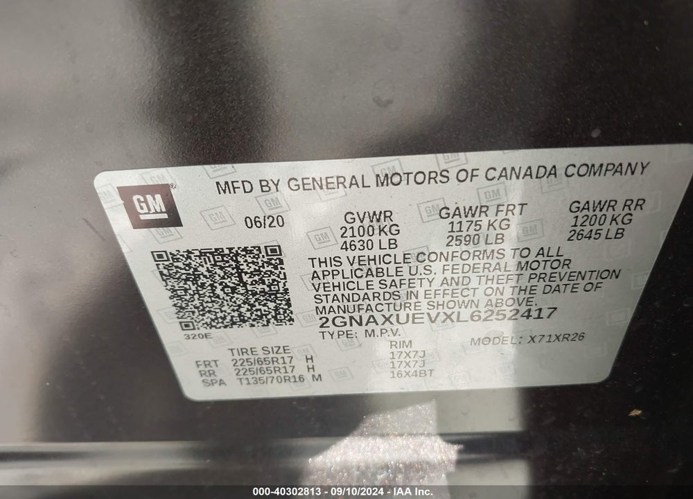 2020 CHEVROLET EQUINOX AWD LT 1.5L TURBO VIN: 2GNAXUEVXL6252417