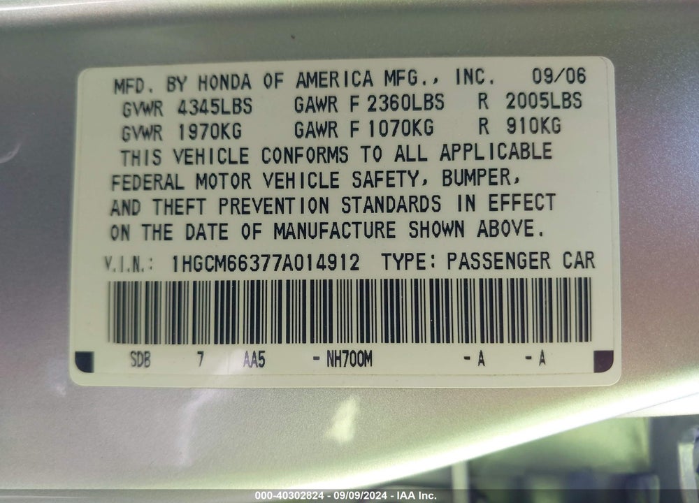 2007 HONDA ACCORD SDN LX VIN: 1HGCM66377A014912