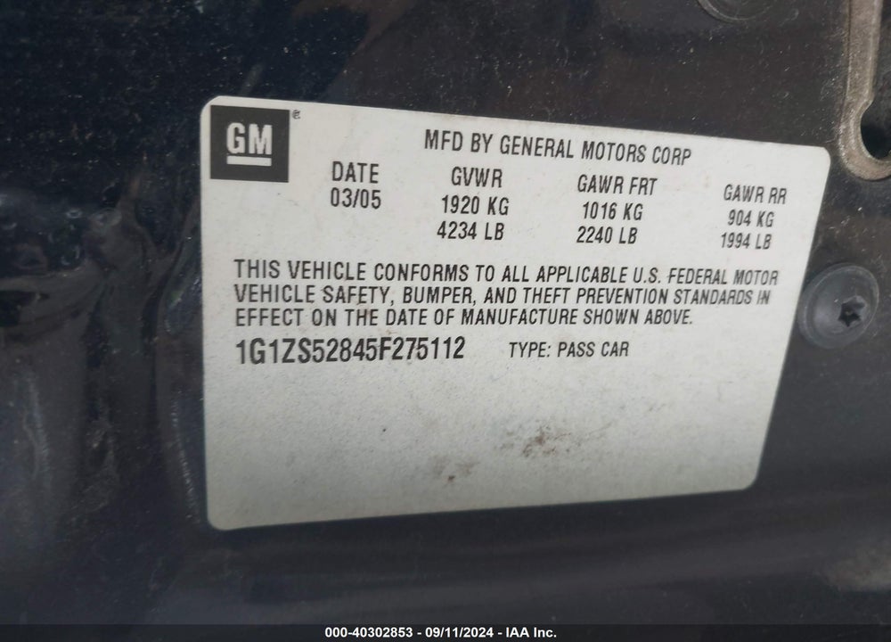 2005 CHEVROLET MALIBU VIN: 1G1ZS52845F275112
