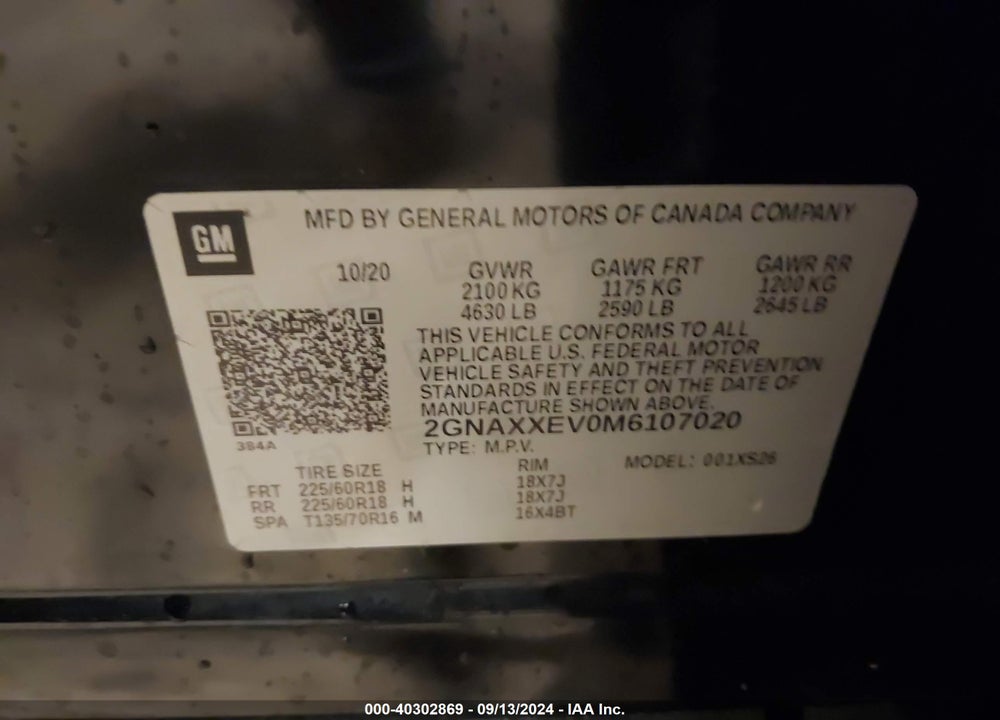 2021 CHEVROLET EQUINOX AWD PREMIER VIN: 2GNAXXEV0M6107020