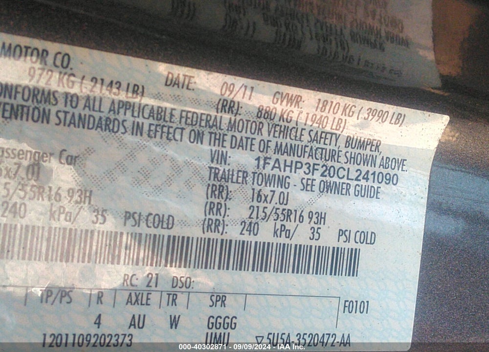 2012 FORD FOCUS SE VIN: 1FAHP3F20CL241090