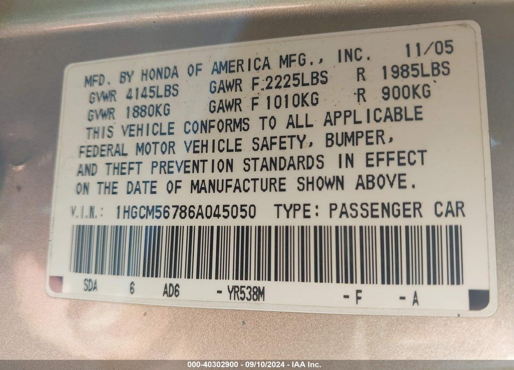 2006 HONDA ACCORD 2.4 EX VIN: 1HGCM56786A045050