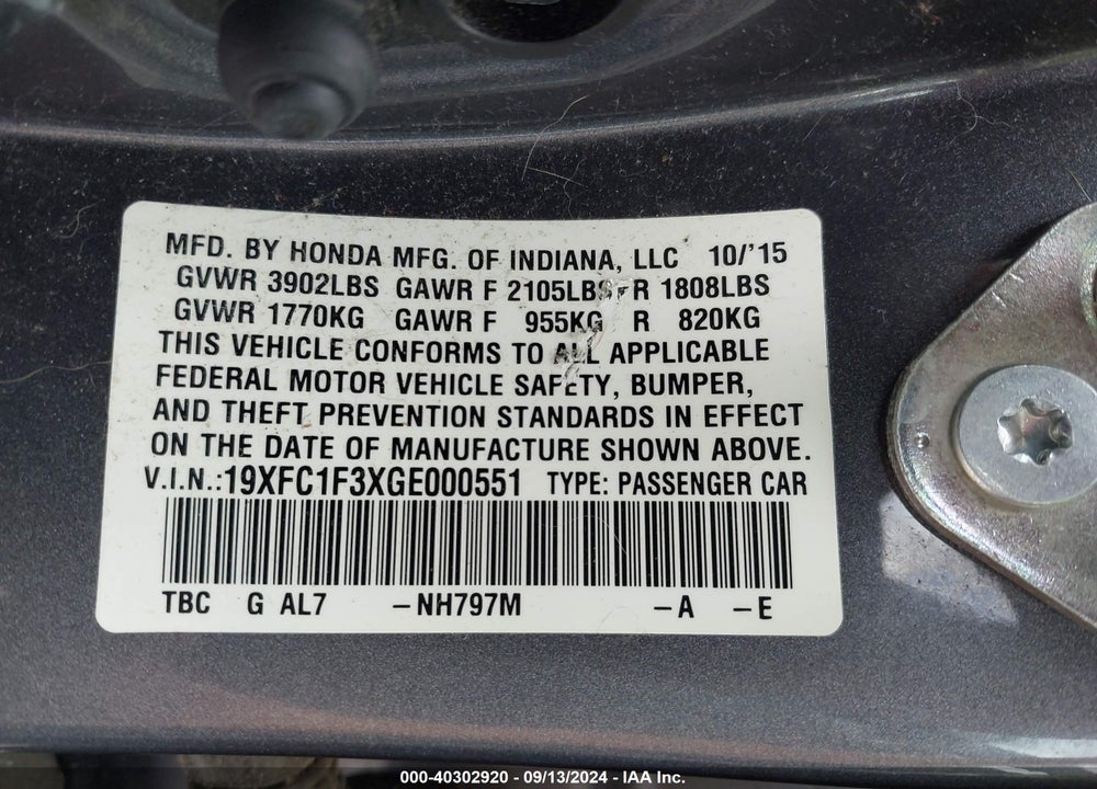 2016 HONDA CIVIC EX-T VIN: 19XFC1F3XGE000551