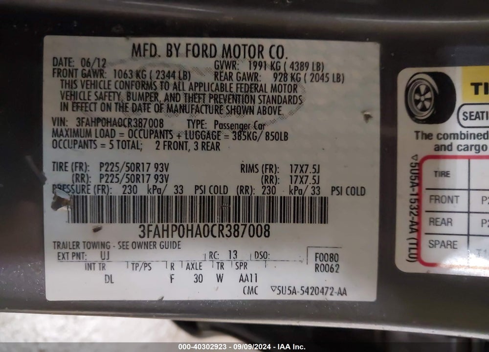 2012 FORD FUSION SE VIN: 3FAHP0HA0CR387008