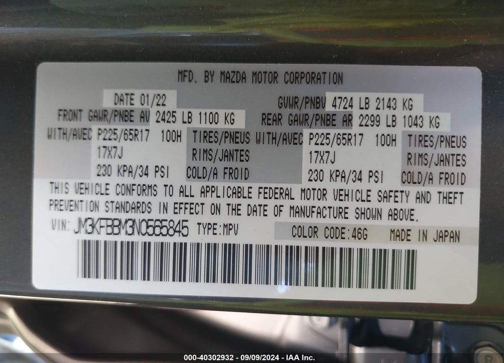 2022 MAZDA CX-5 VIN: JM3KFBBM3N0565845