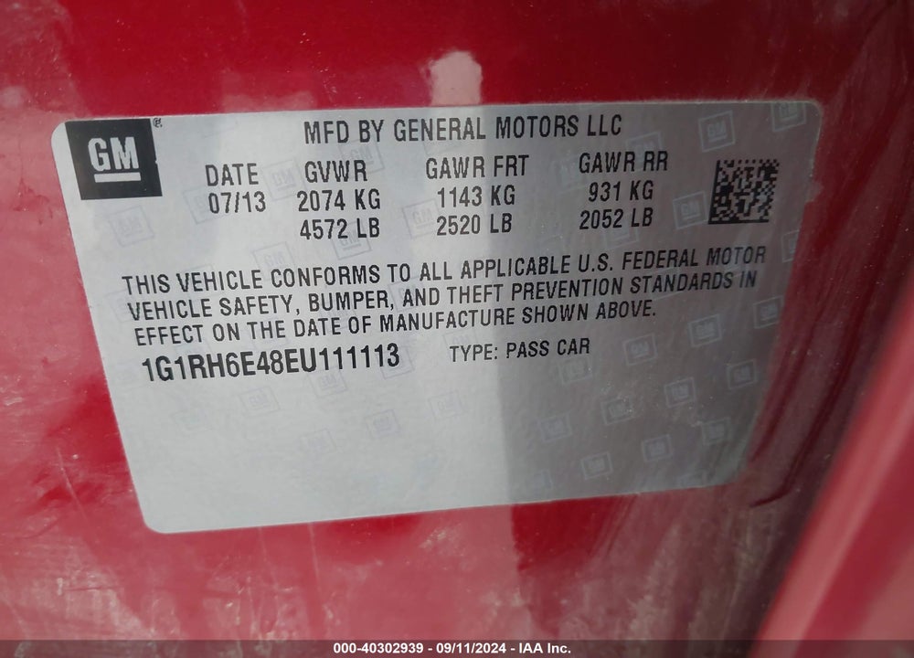 2014 CHEVROLET VOLT VIN: 1G1RH6E48EU111113