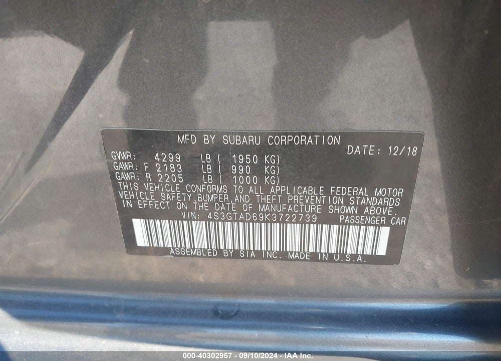 2019 SUBARU IMPREZA 2.0I PREMIUM VIN: 4S3GTAD69K3722739