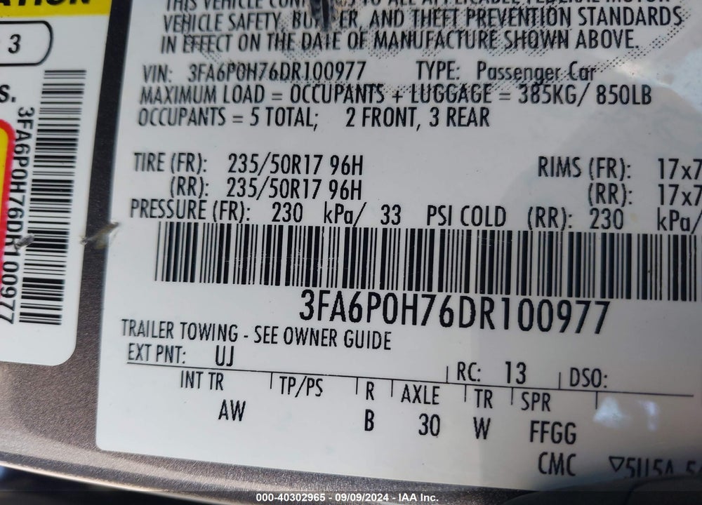 2013 FORD FUSION SE VIN: 3FA6P0H76DR100977
