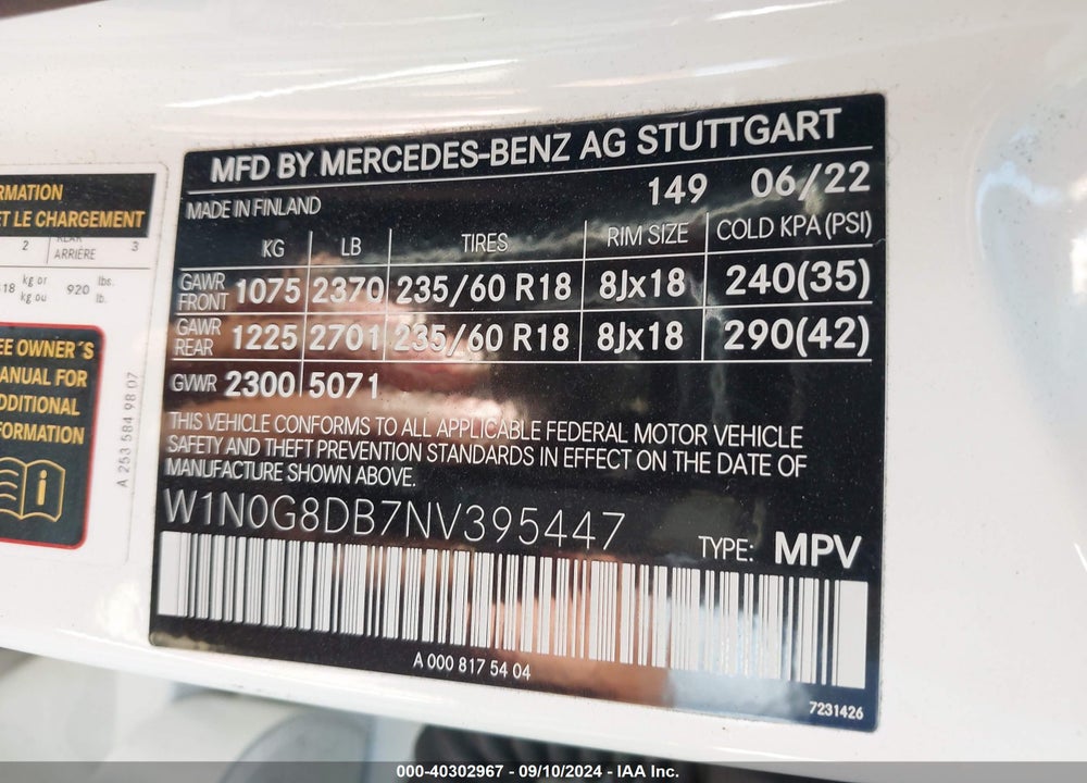 2022 MERCEDES-BENZ GLC 300 SUV VIN: W1N0G8DB7NV395447
