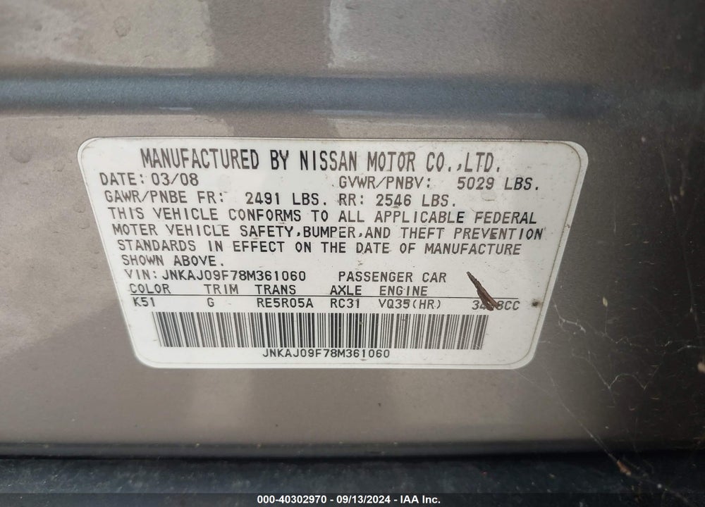 2008 INFINITI EX35 JOURNEY VIN: JNKAJ09F78M361060
