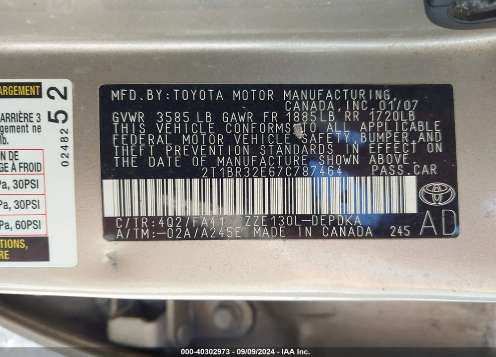 2007 TOYOTA COROLLA CE VIN: 2T1BR32E67C787464