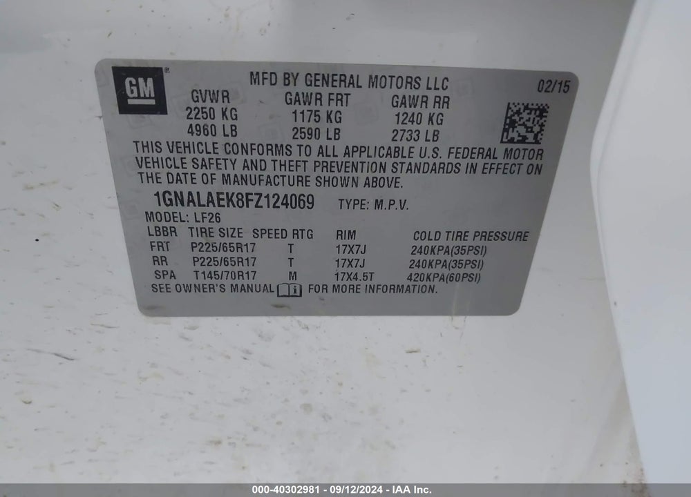 2015 CHEVROLET EQUINOX LS VIN: 1GNALAEK8FZ124069