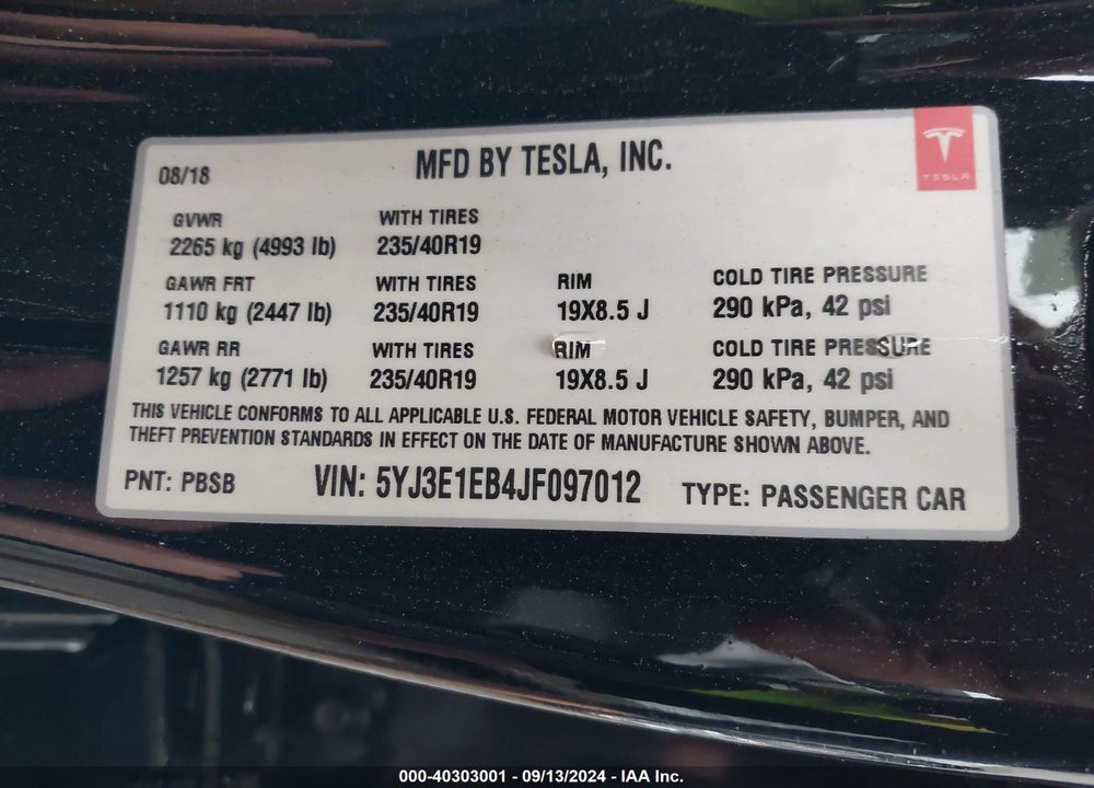 2018 TESLA MODEL 3 LONG RANGE/PERFORMANCE VIN: 5YJ3E1EB4JF097012