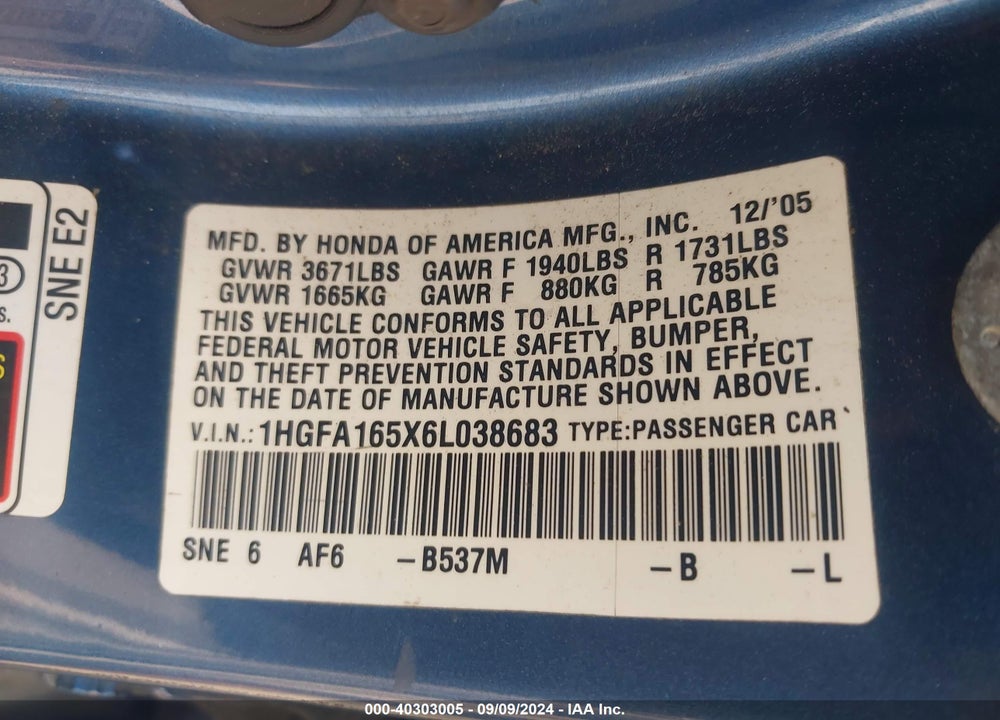 2006 HONDA CIVIC LX VIN: 1HGFA165X6L038683