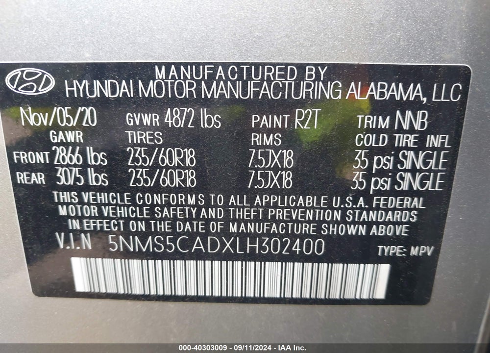 2020 HYUNDAI SANTA FE LIMITED VIN: 5NMS5CADXLH302400