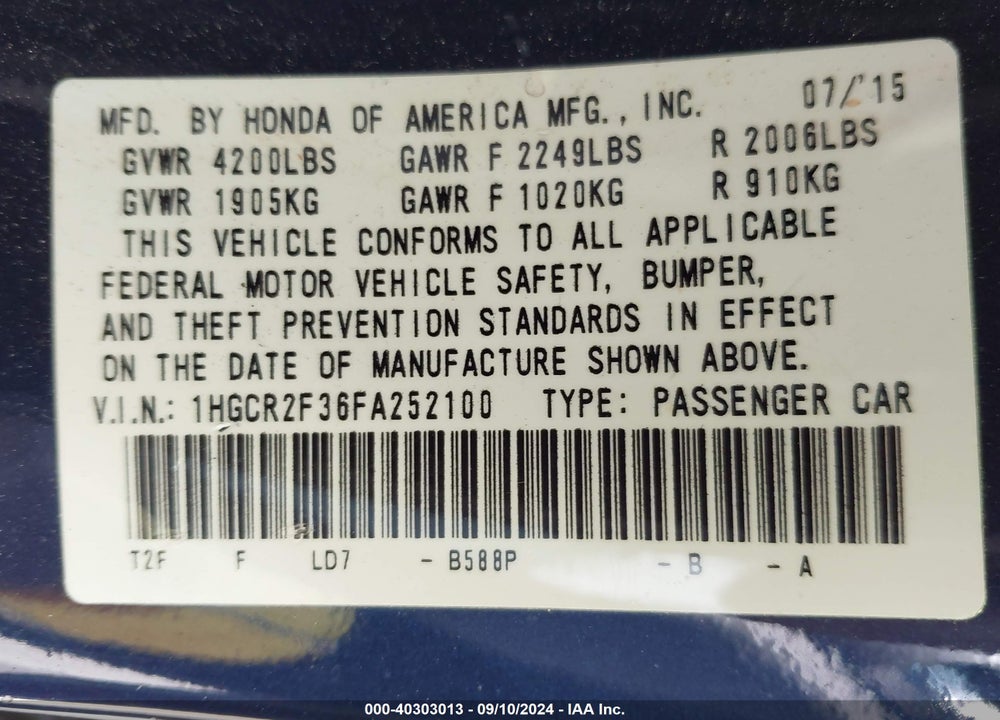 2015 HONDA ACCORD LX VIN: 1HGCR2F36FA252100