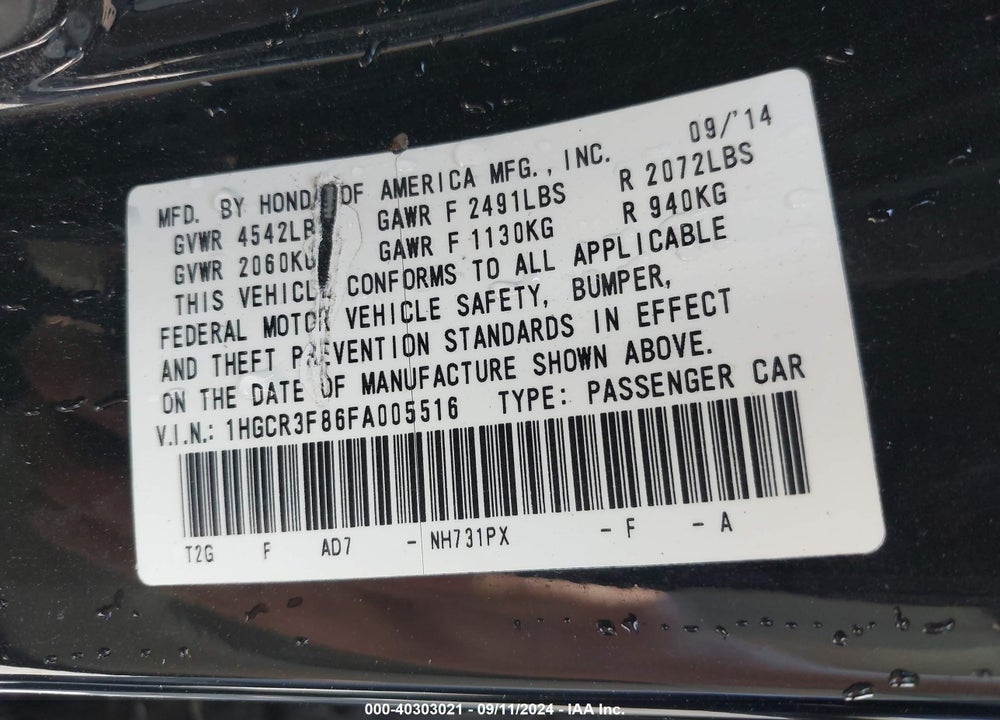 2015 HONDA ACCORD EX-L V-6 VIN: 1HGCR3F86FA005516