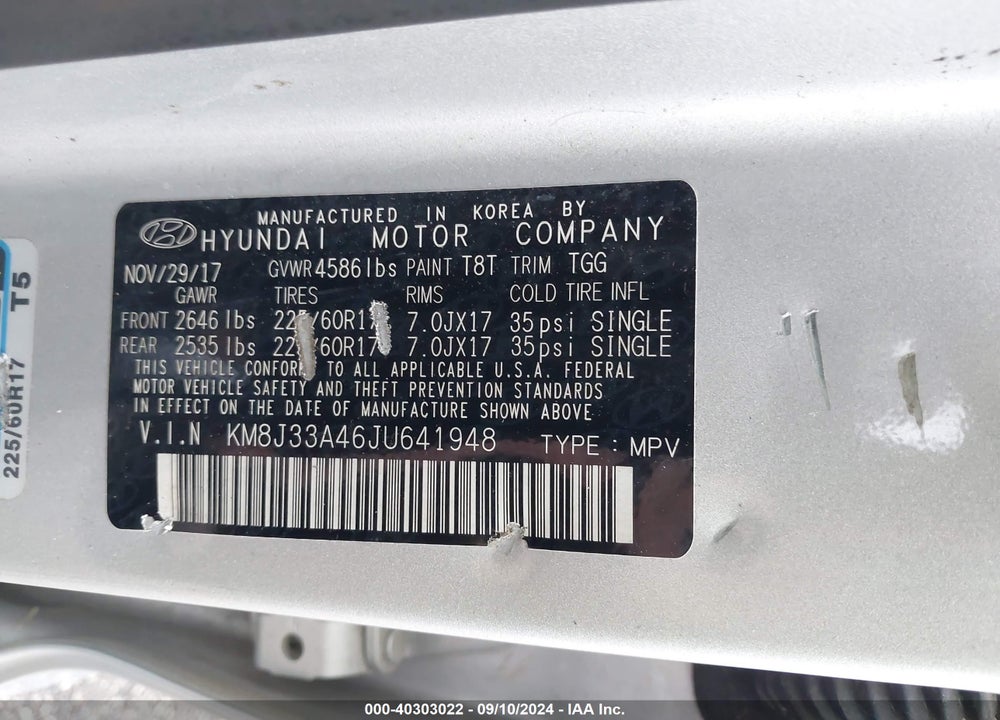 2018 HYUNDAI TUCSON SEL VIN: KM8J33A46JU641948