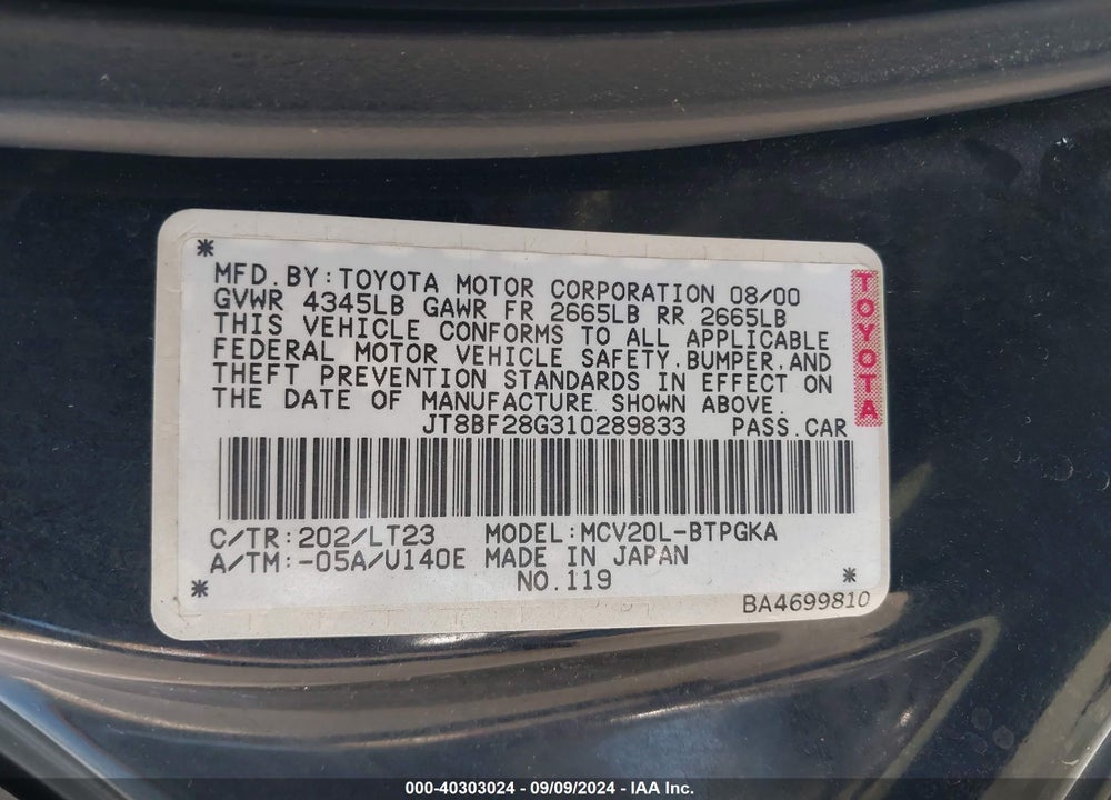 2001 LEXUS ES 300 VIN: JT8BF28G310289833
