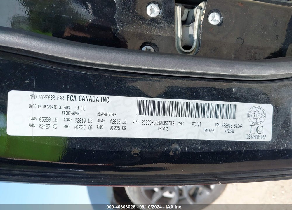 2016 DODGE CHARGER SXT VIN: 2C3CDXJG9GH357516