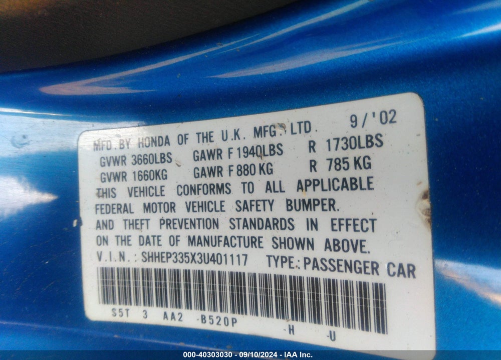 2003 HONDA CIVIC SI VIN: SHHEP335X3U401117