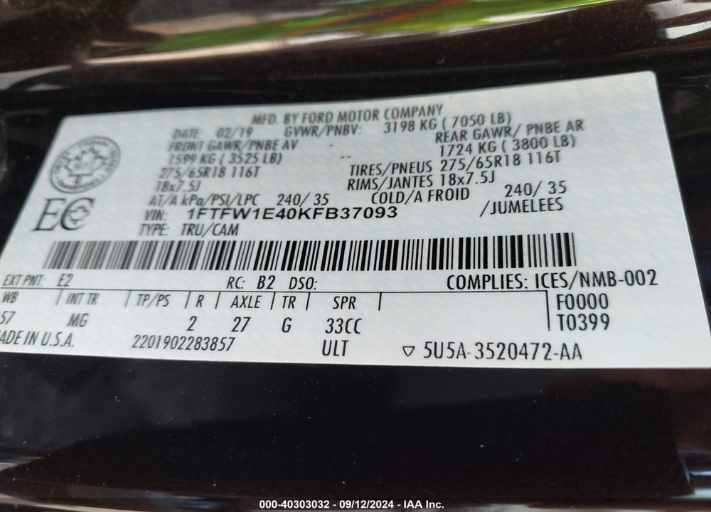 2019 FORD F-150 XLT VIN: 1FTFW1E40KFB37093