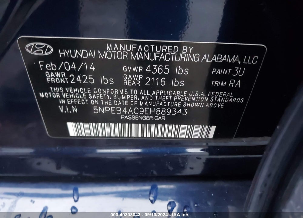 2014 HYUNDAI SONATA GLS VIN: 5NPEB4AC9EH889343
