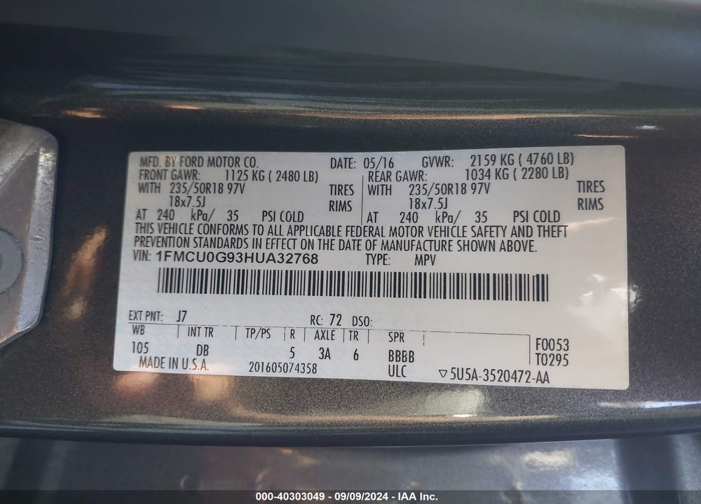 2017 FORD ESCAPE SE VIN: 1FMCU0G93HUA32768