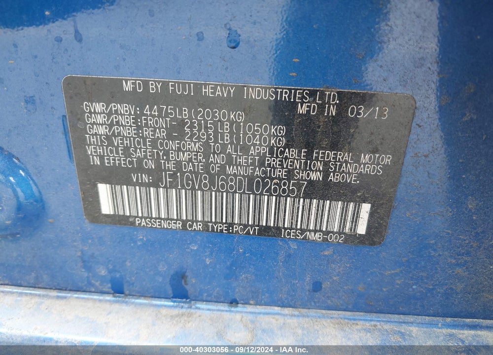 2013 SUBARU IMPREZA WRX STI VIN: JF1GV8J68DL026857